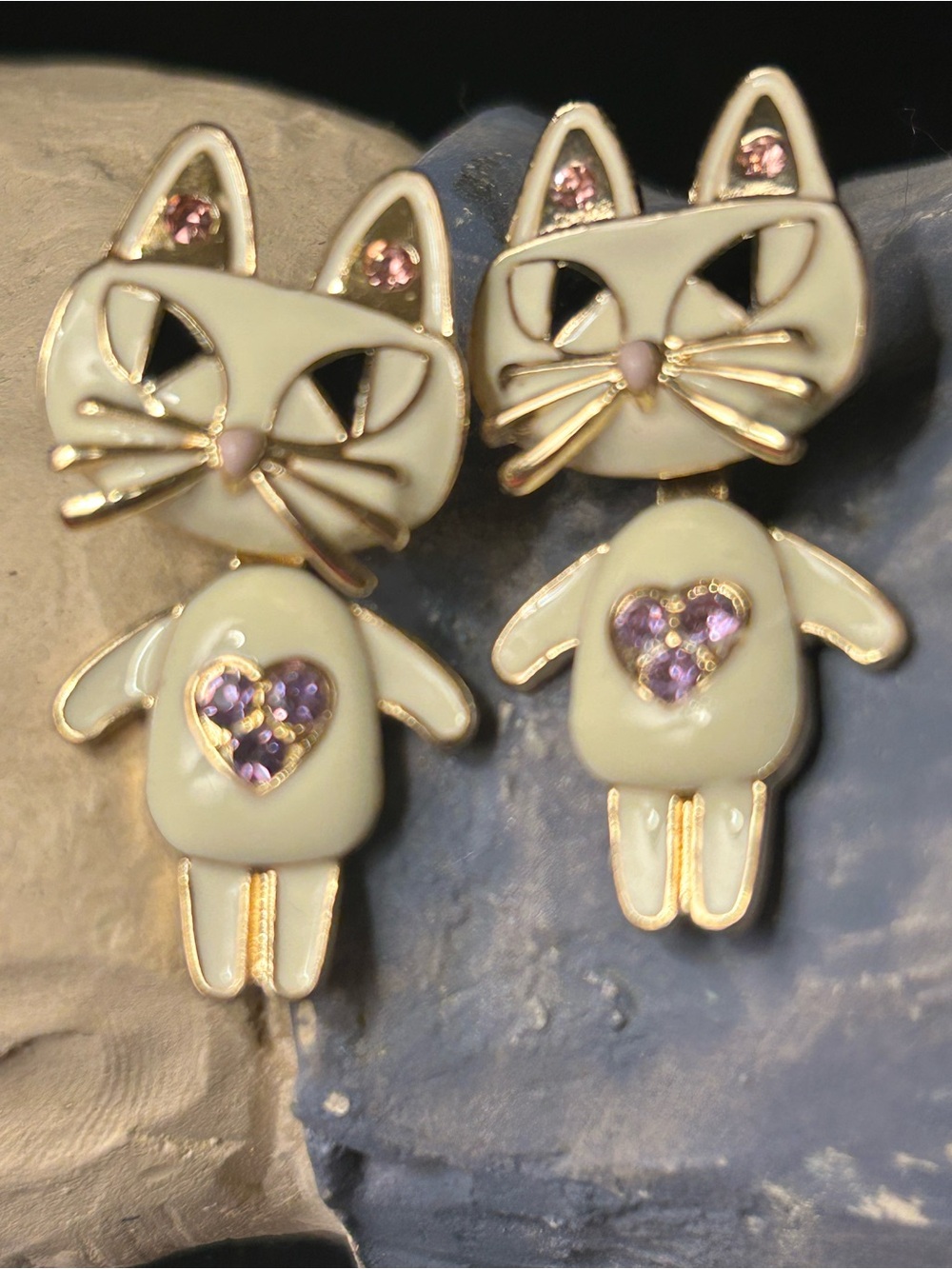 Cream Cat Dangle Earrings with Pink Crystal Hearts articulated pierced jewelry